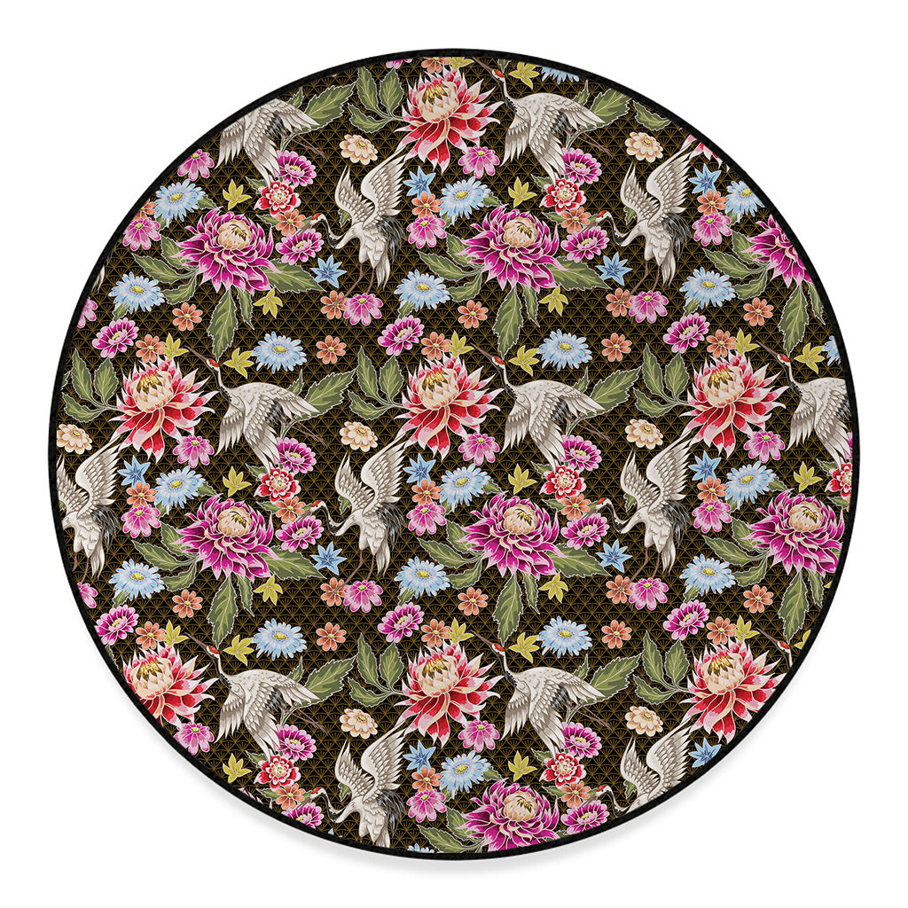 Asian Crane Bird Pattern Print Round Floor Mat