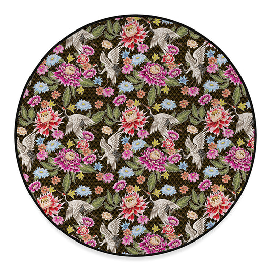 Asian Crane Bird Pattern Print Round Floor Mat