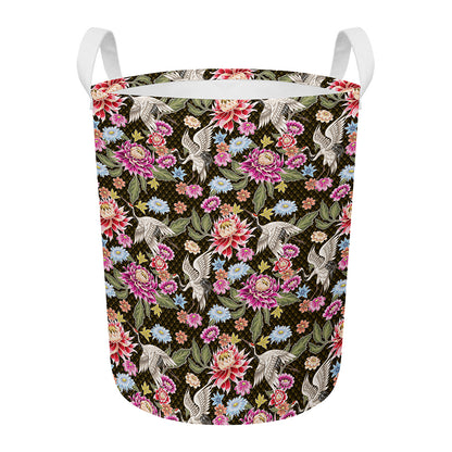 Asian Crane Bird Pattern Print Round Laundry Basket