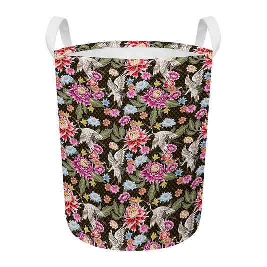 Asian Crane Bird Pattern Print Round Laundry Basket