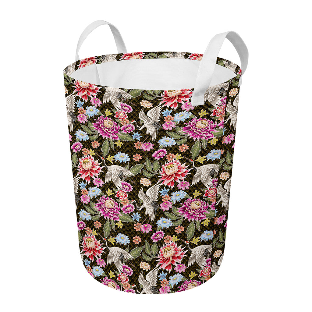 Asian Crane Bird Pattern Print Round Laundry Basket