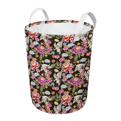 Asian Crane Bird Pattern Print Round Laundry Basket