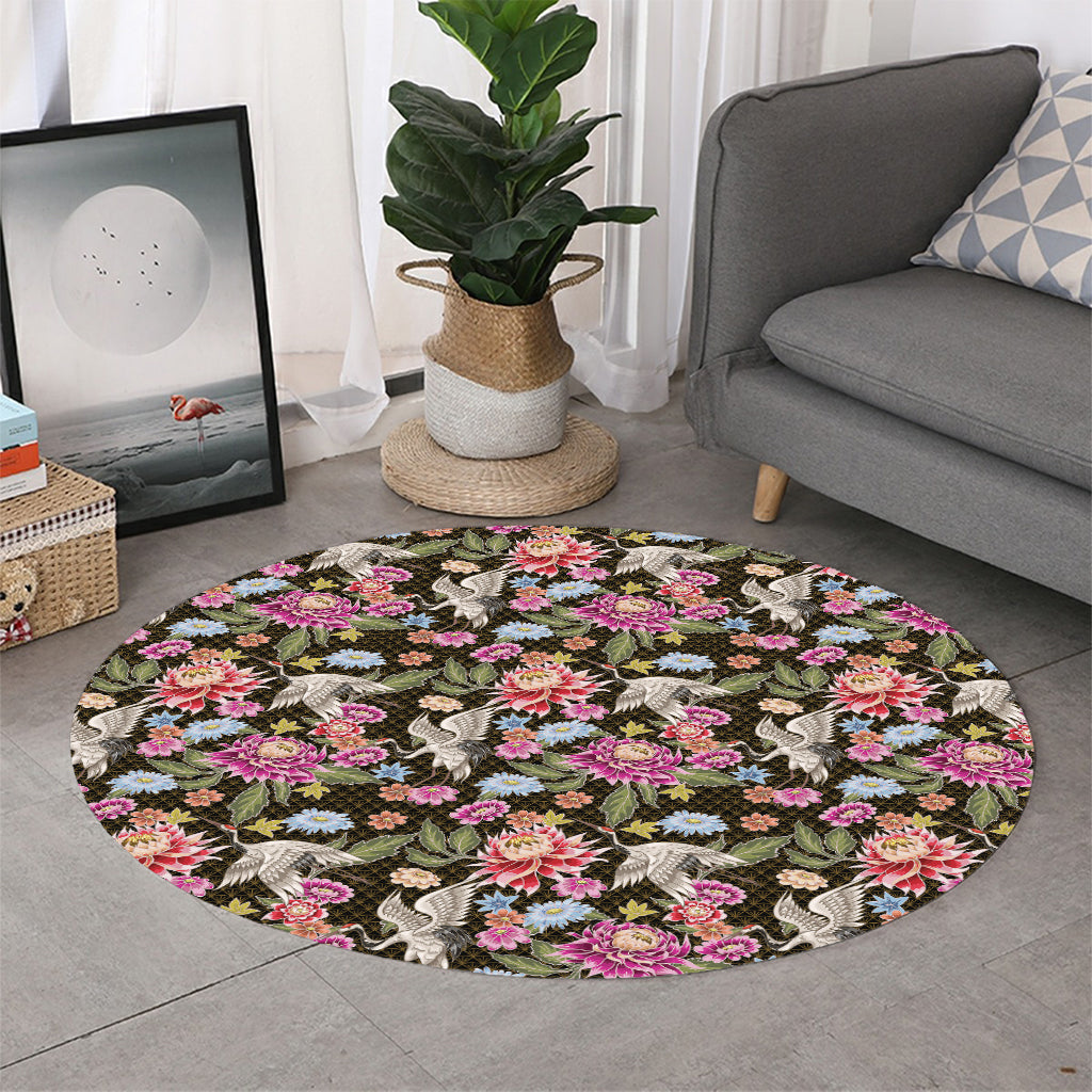 Asian Crane Bird Pattern Print Round Rug