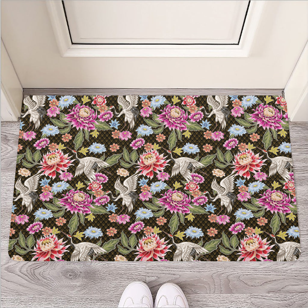 Asian Crane Bird Pattern Print Rubber Doormat