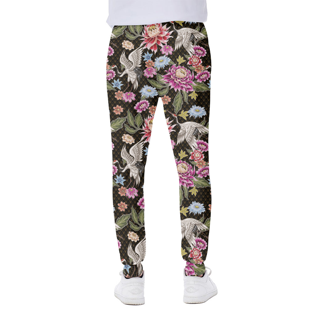 Asian Crane Bird Pattern Print Scuba Joggers