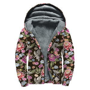 Asian Crane Bird Pattern Print Sherpa Lined Zip Up Hoodie