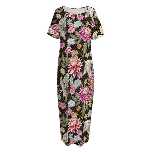 Asian Crane Bird Pattern Print Short Sleeve Long Nightdress