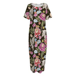 Asian Crane Bird Pattern Print Short Sleeve Long Nightdress