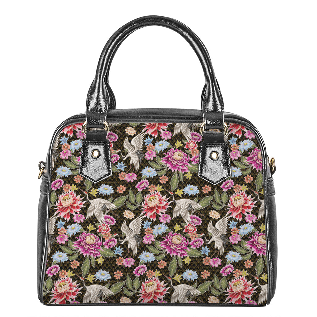 Asian Crane Bird Pattern Print Shoulder Handbag