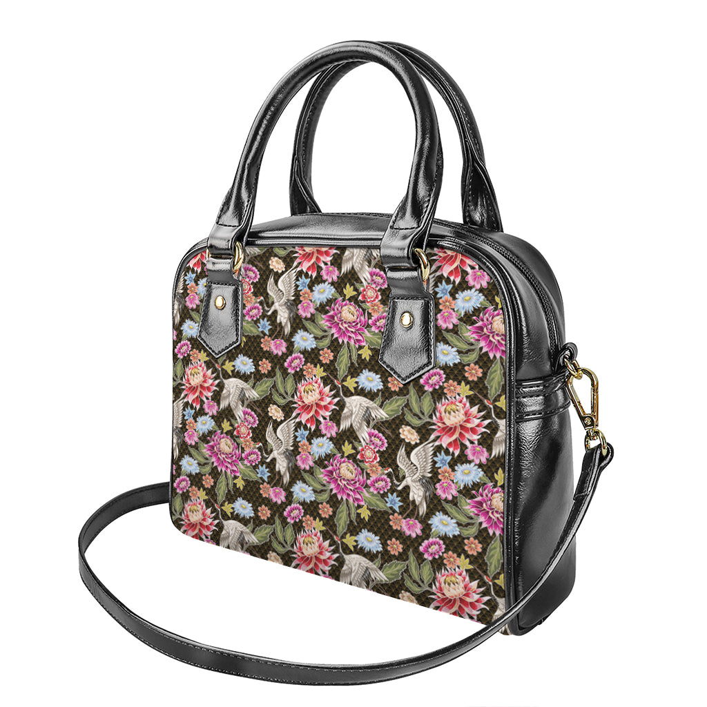 Asian Crane Bird Pattern Print Shoulder Handbag