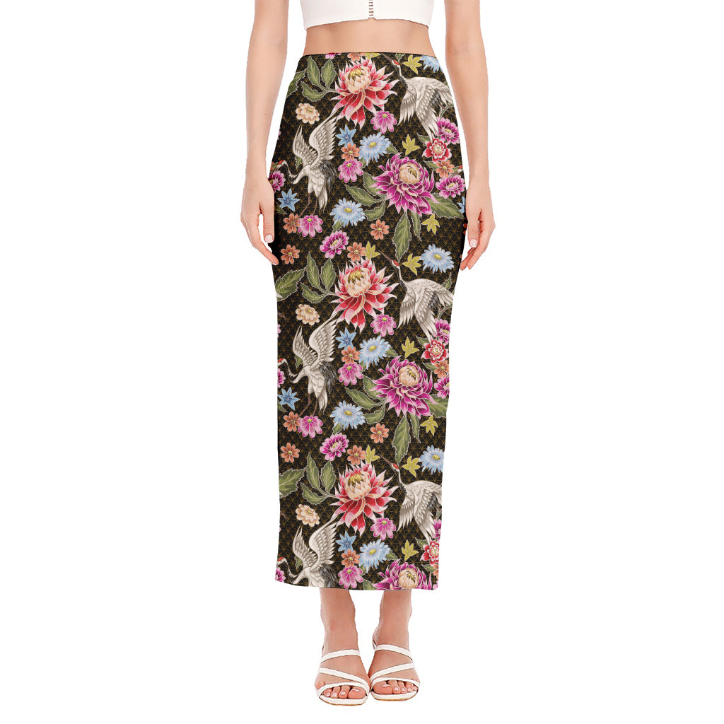 Asian Crane Bird Pattern Print Side Slit Maxi Skirt
