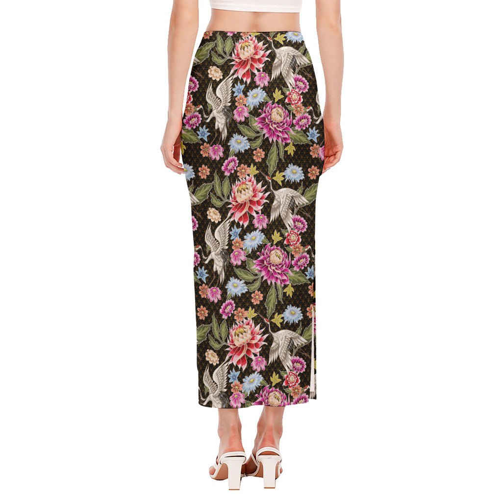 Asian Crane Bird Pattern Print Side Slit Maxi Skirt