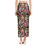 Asian Crane Bird Pattern Print Side Slit Maxi Skirt