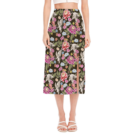 Asian Crane Bird Pattern Print Side Slit Midi Skirt