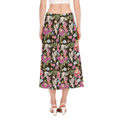 Asian Crane Bird Pattern Print Side Slit Midi Skirt