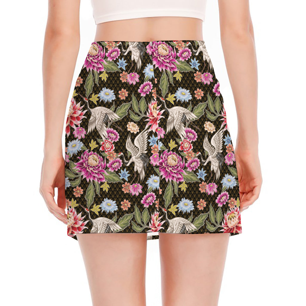 Asian Crane Bird Pattern Print Side Slit Mini Skirt