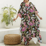 Asian Crane Bird Pattern Print Silk V-Neck Kaftan Dress