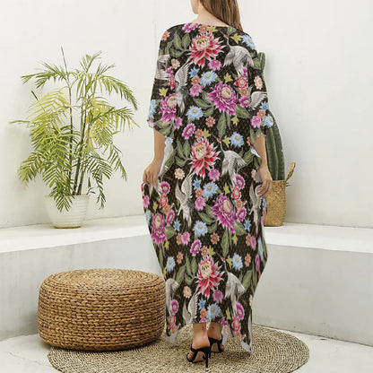 Asian Crane Bird Pattern Print Silk V-Neck Kaftan Dress