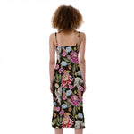 Asian Crane Bird Pattern Print Slim Fit Midi Cami Dress