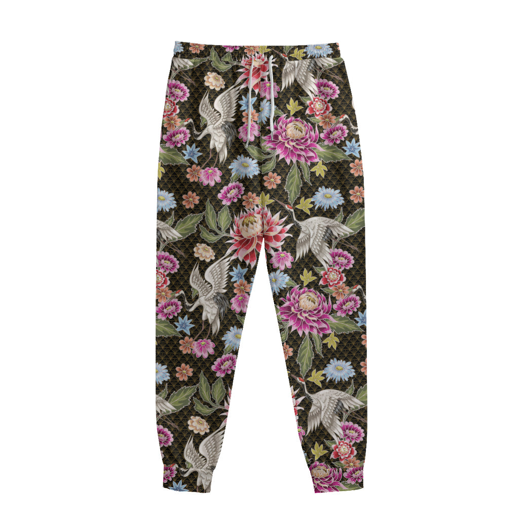 Asian Crane Bird Pattern Print Sweatpants