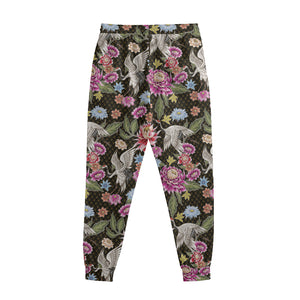 Asian Crane Bird Pattern Print Sweatpants