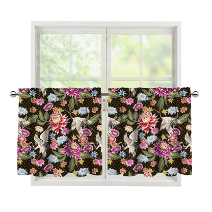 Asian Crane Bird Pattern Print Tier Curtains
