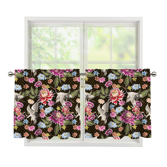 Asian Crane Bird Pattern Print Tier Curtains