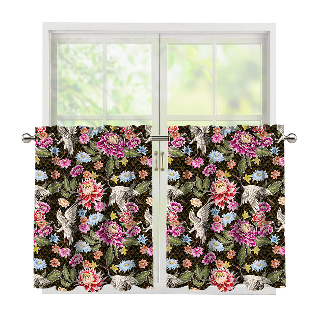 Asian Crane Bird Pattern Print Tier Curtains