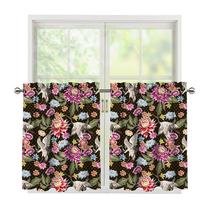 Asian Crane Bird Pattern Print Tier Curtains
