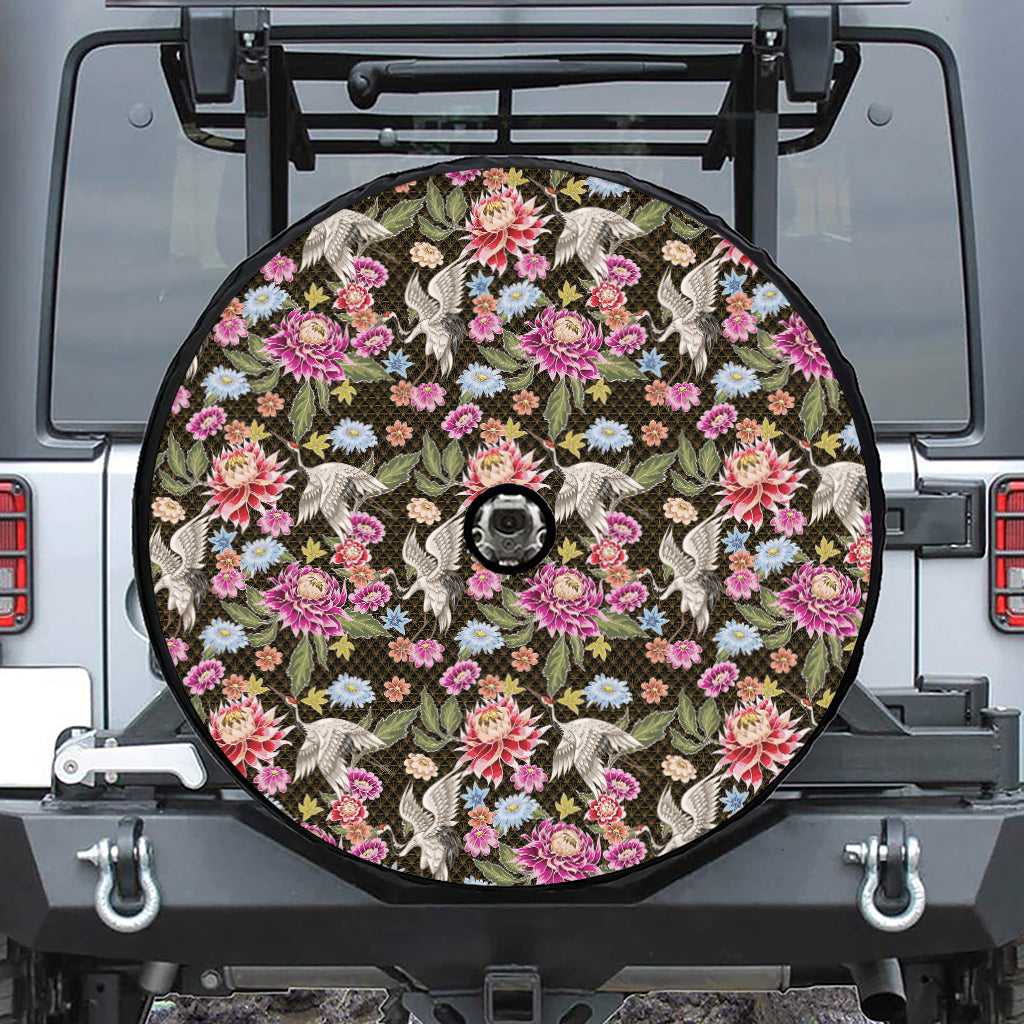 Asian Crane Bird Pattern Print Tire Cover With Camera Hole