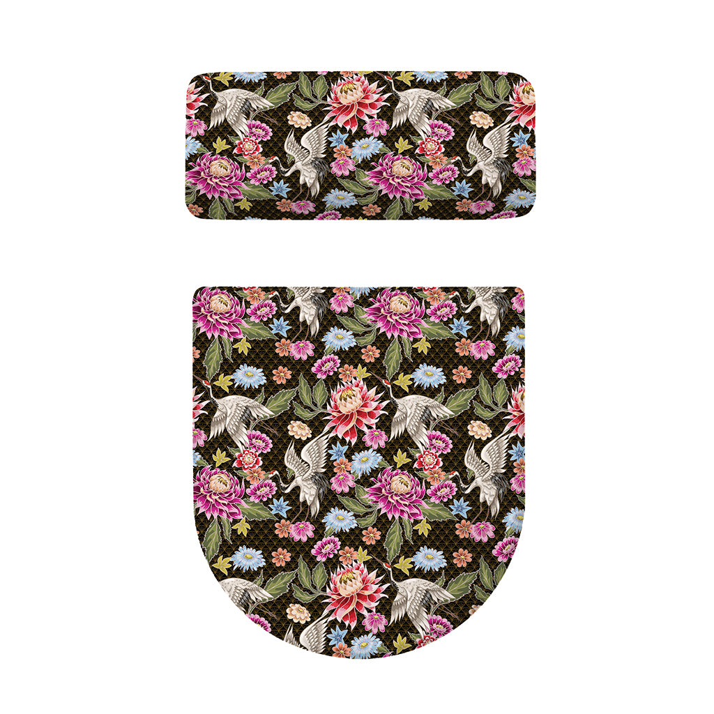 Asian Crane Bird Pattern Print Toilet Lid And Tank Cover Set