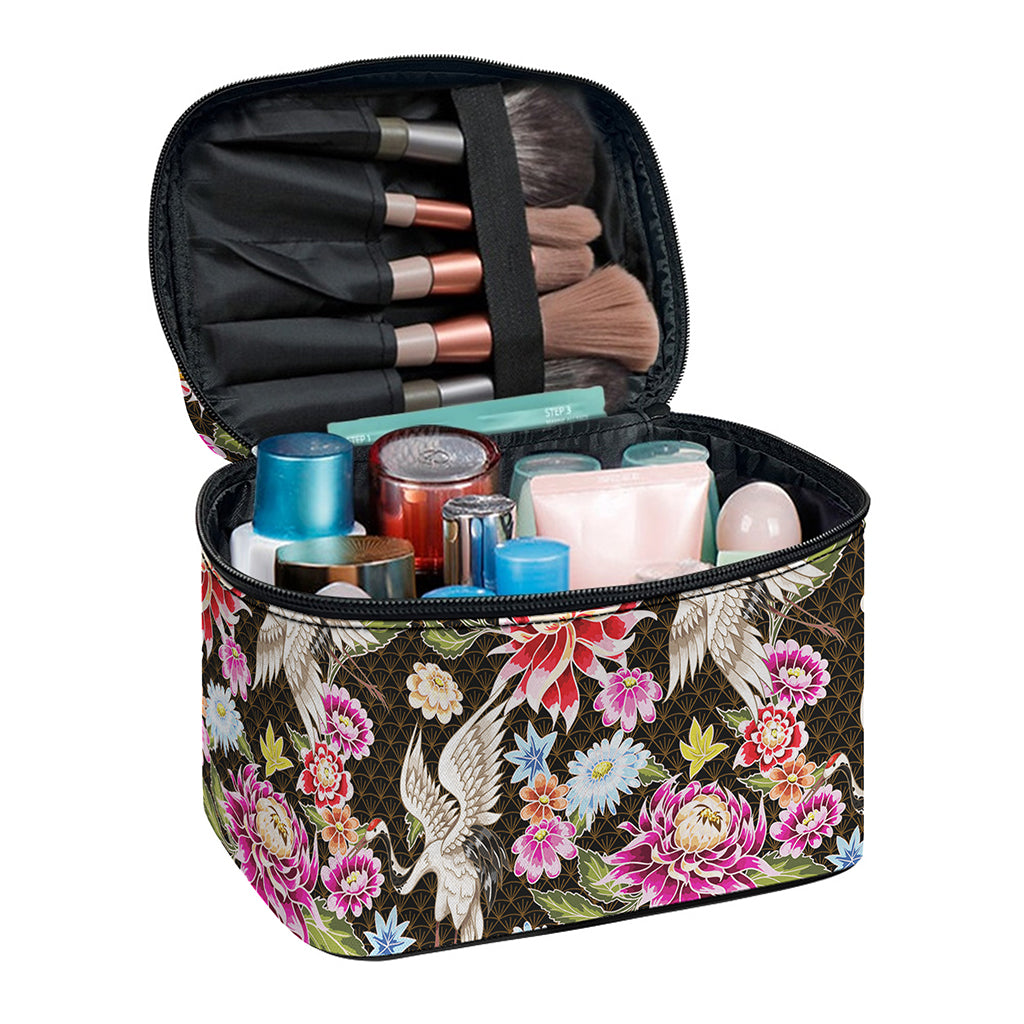 Asian Crane Bird Pattern Print Travel Makeup Bag
