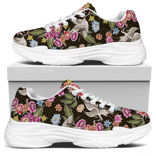Asian Crane Bird Pattern Print White Chunky Shoes