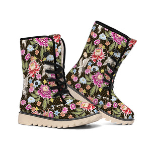 Asian Crane Bird Pattern Print Winter Boots