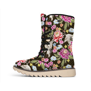 Asian Crane Bird Pattern Print Winter Boots