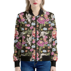 Asian Crane Bird Pattern Print Women's Bomber Jacket