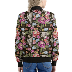 Asian Crane Bird Pattern Print Women's Bomber Jacket