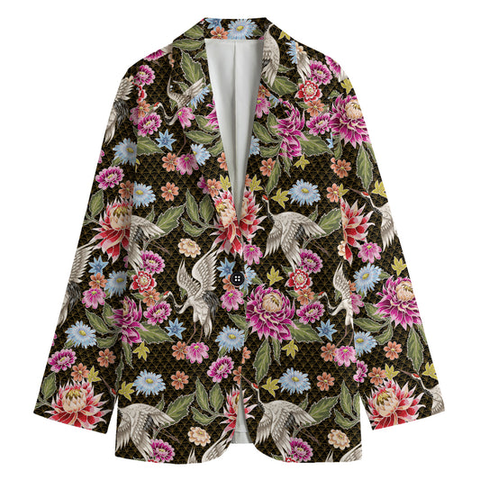 Asian Crane Bird Pattern Print Women's Cotton Blazer