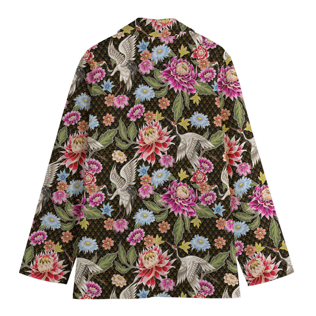Asian Crane Bird Pattern Print Women's Cotton Blazer