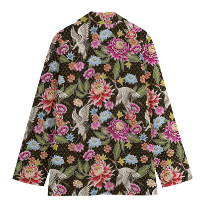 Asian Crane Bird Pattern Print Women's Cotton Blazer