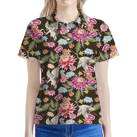 Asian Crane Bird Pattern Print Women's Polo Shirt