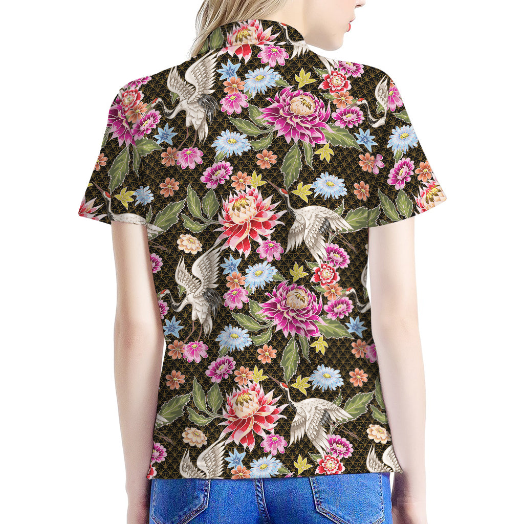 Asian Crane Bird Pattern Print Women's Polo Shirt