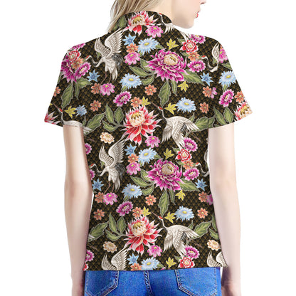 Asian Crane Bird Pattern Print Women's Polo Shirt