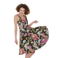 Asian Crane Bird Pattern Print Sleeveless Knee Length Dress