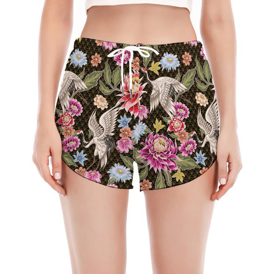 Asian Crane Bird Pattern Print Women's Split Running Shorts
