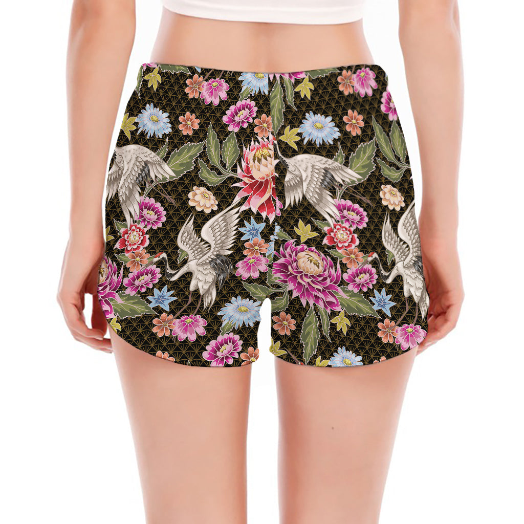 Asian Crane Bird Pattern Print Women's Split Running Shorts