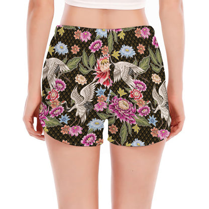 Asian Crane Bird Pattern Print Women's Split Running Shorts
