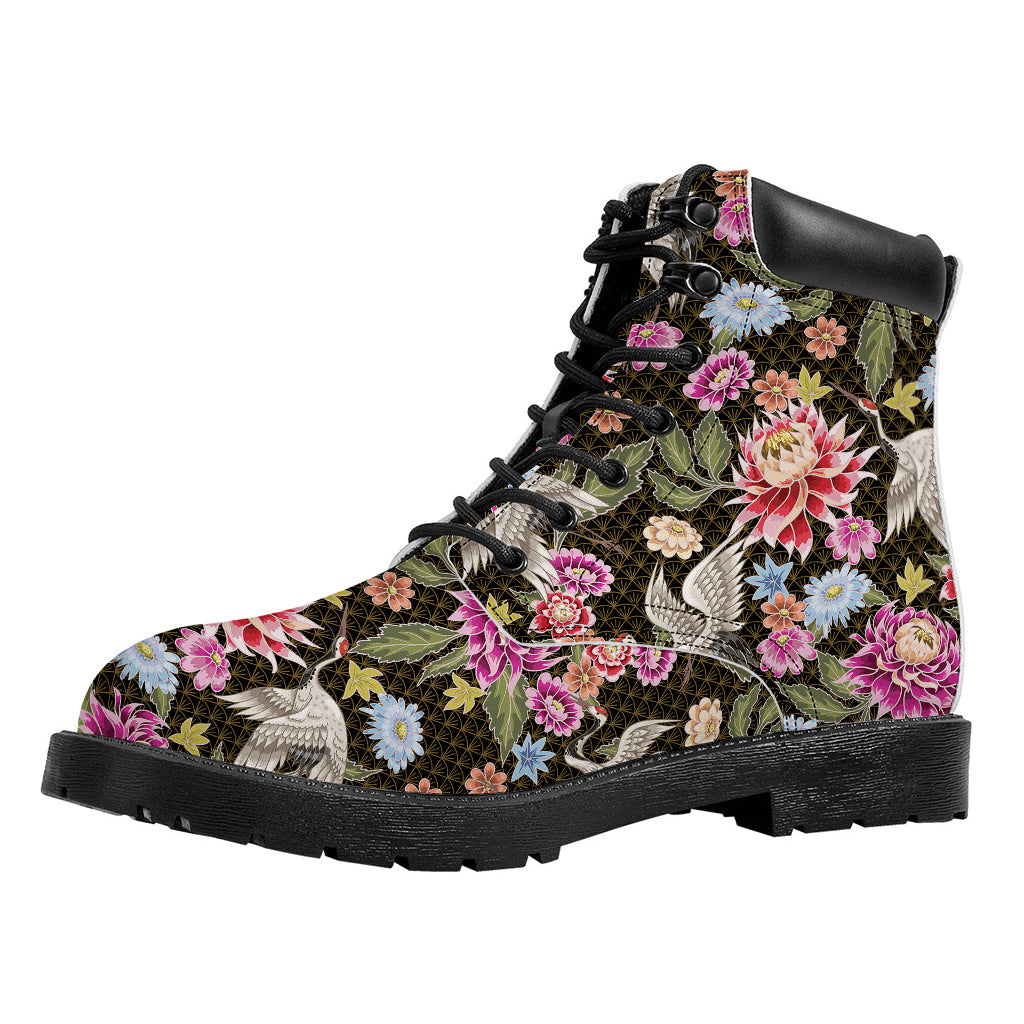 Asian Crane Bird Pattern Print Work Boots