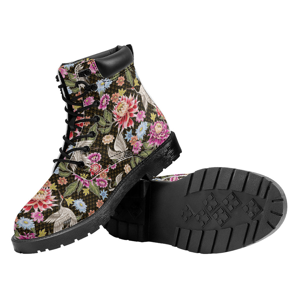 Asian Crane Bird Pattern Print Work Boots