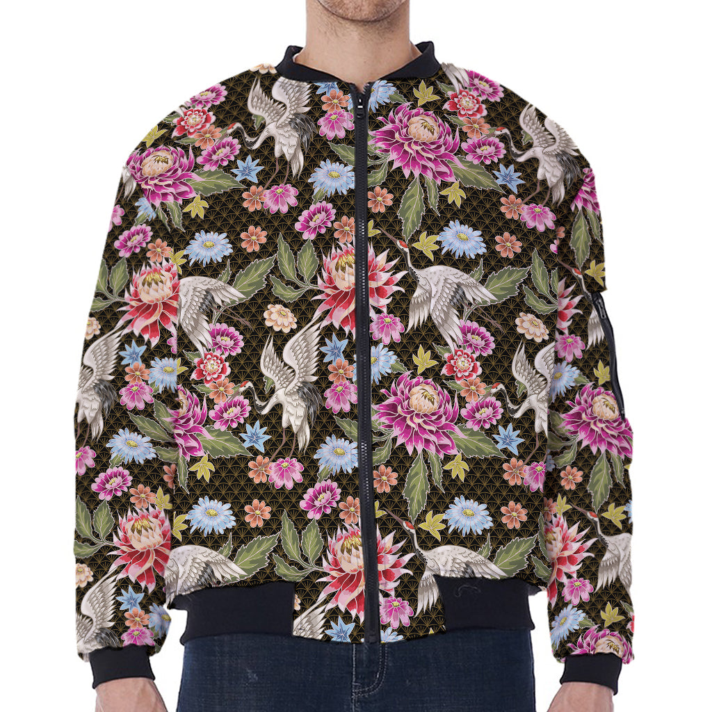 Asian Crane Bird Pattern Print Zip Sleeve Bomber Jacket